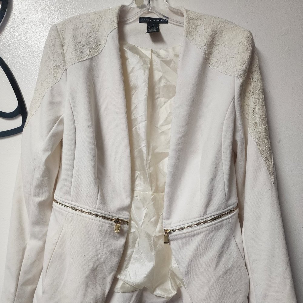 Grace Elements Ivory Polyester Blend Open Front Tailored Jacket Lined Small